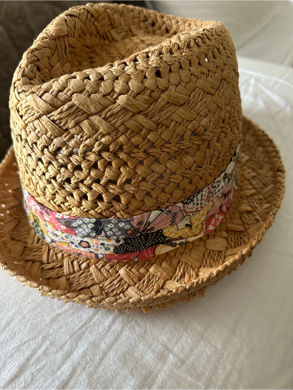 Straw Fedora Hat with Floral Band - Tan